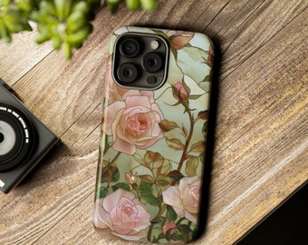 Pink Roses Phone Case, Faux Stained Glass, Flowers Cover, Samsung Galaxy S 10 20 21 22 23 Ultra Google Pixel 5 6 7 iPhone 7 8 11 12 13 14 15