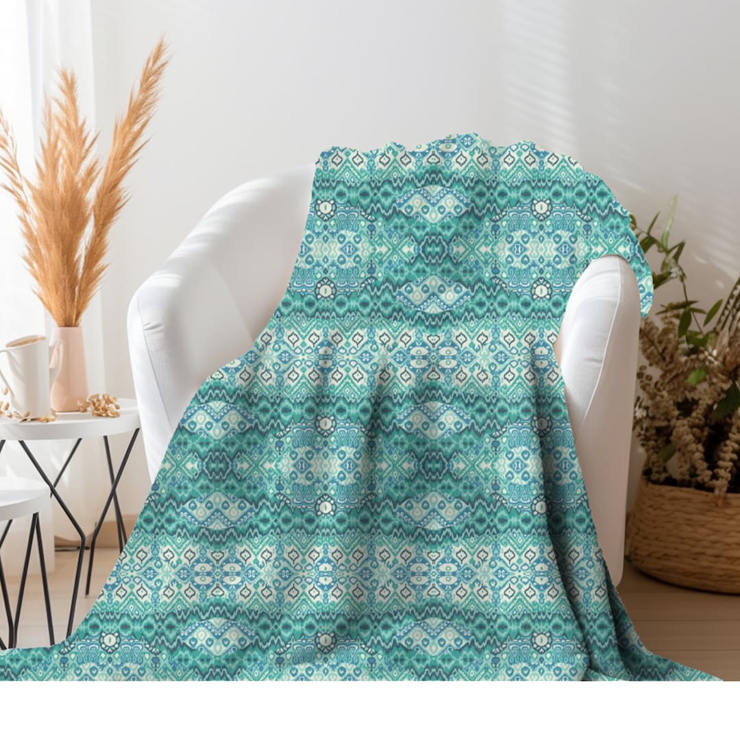 Western Turquoise White Throw Blanket, Teal White Aztec Western