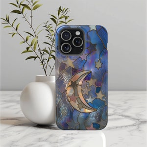 Moon and Stars Pastel MagSafe Compatible Phone Case Celestial Faux Stained Glass Phone Cover Space Lovers Gift for iPhone 13 14 15 Christmas