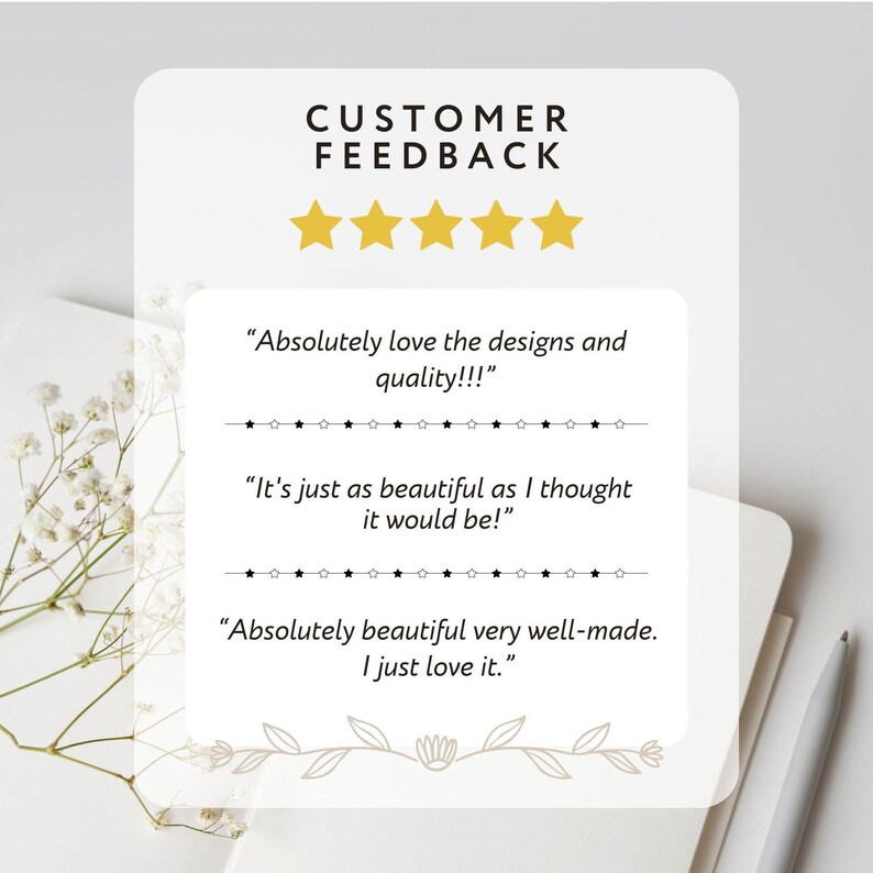 Pu&ograve; includere: Un grafico rettangolare bianco di feedback dei clienti con cinque stelle gialle in alto. Il testo recita: "Absolutely love the designs and quality!!!", "It's just as beautiful as I thought it would be!" e "Absolutely beautiful very well-made. I just love it."