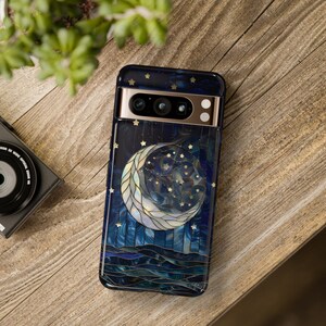 Funda para teléfono con luna y estrellas, cielo nocturno estrellado celestial sobre vidriera falsa, Galaxy S24 23 22 21 20 10 Google Pixel 5 6 7 8 iPhone imagen 9