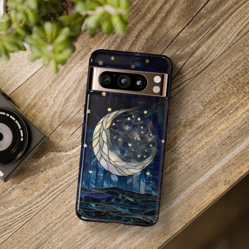 Funda para teléfono con luna y estrellas, cielo nocturno estrellado celestial sobre vidriera falsa, Galaxy S24 23 22 21 20 10 Google Pixel 5 6 7 8 iPhone imagen 9