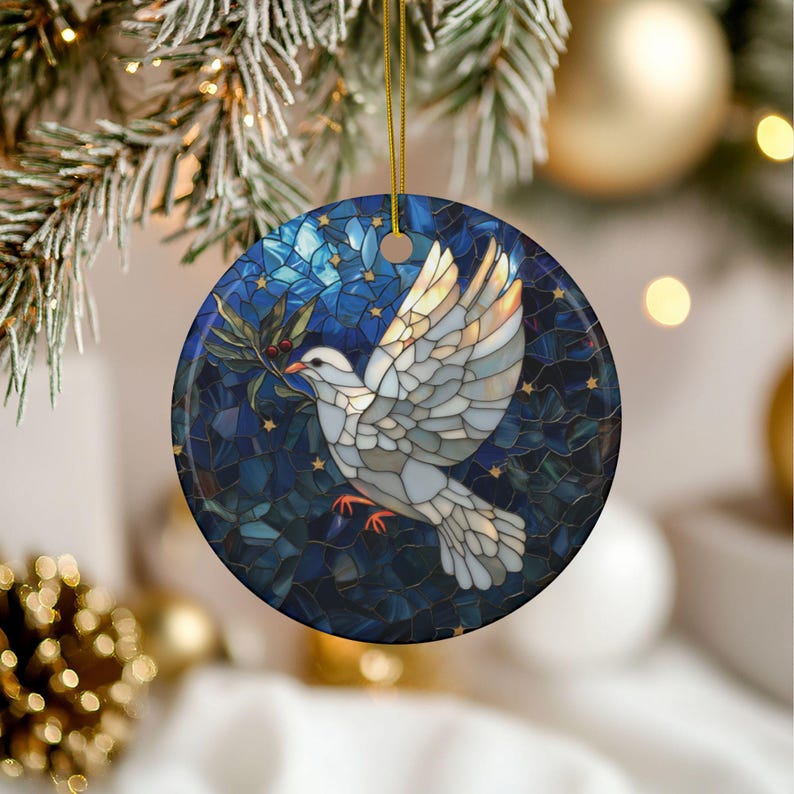 White Dove Christmas Ornament Peace on Earth Faux Stained Glass Dove ...