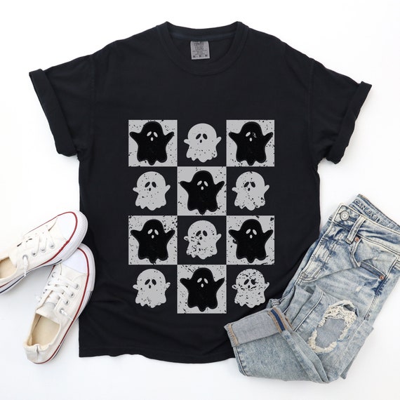 Halloween Shirt Ghost T-Shirt Spooky T Shirt Comfort Colors Vintage Checkered Tee Checkerboard Ghost Lover Gift Spooky Spirit Retro Outfit