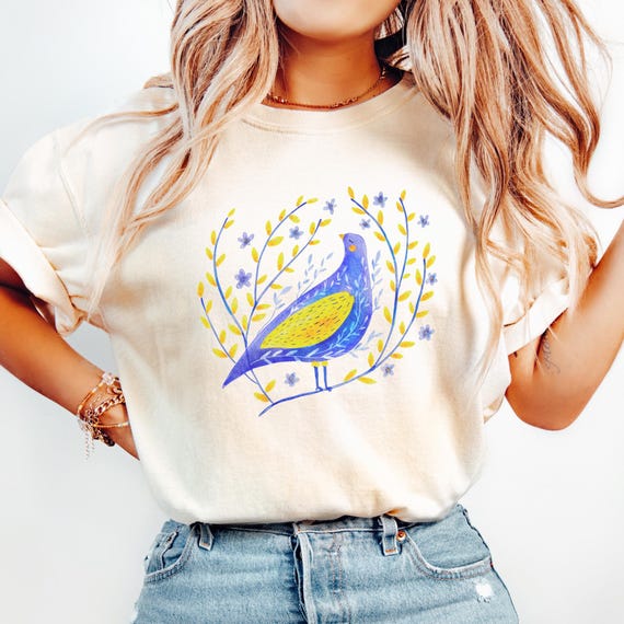 Cottagecore Bird & Wildflower Tee: Watercolor Floral Comfort Colors Shirt