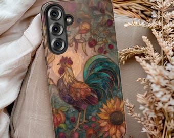Farmhouse Fall Chicken Phone Case, Faux Stained Glass Autumn Rooster Art, Cottagecore Hen Lover Chicken Tender Gift, iPhone Samsung Pixel