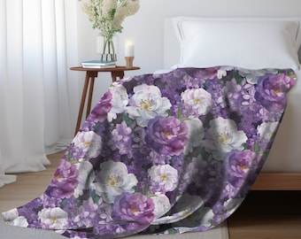 Purple Floral Throw Blanket, Lilac and Roses Fleece Blanket, Floral Home Decor Gift for Flower Lovers Nursery Decor Rose Baby Shower Gift