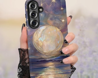 Moon Phone Case, Celestial Moon & Stars Faux Stained Glass Mystical Phone Cover, Starry Night Sky Phone Case for Galaxy iPhone Pixel