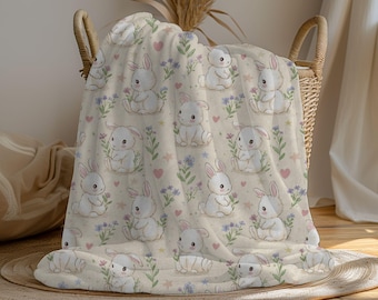 Easter Bunny Blanket, Spring Rabbit Wildflower Throw, Cute White Bunny Fleece Blanket, Cottagecore Easter Gift for Kids Baby