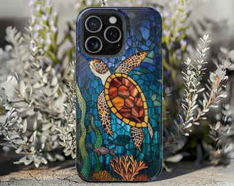 Sea Turtle MagSafe Compatible Phone Case Marine Animal Faux Stained Glass Cover Ocean Beach Lover Gift for iPhone 13 14 15 Pro Plus Max Mini