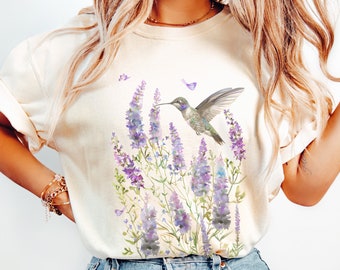 Floral Hummingbird Shirt Flowers on Stems Comfort Colors T-Shirt Garden T Shirt Hummingbird Lovers Gift for Gardeners Flower Lover Christmas