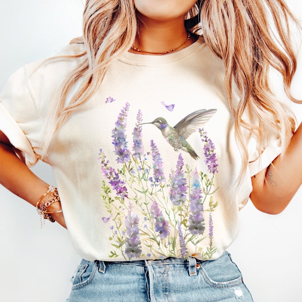 Floral Hummingbird Shirt Flowers on Stems Comfort Colors T-Shirt Garden T Shirt Hummingbird Lovers Gift for Gardeners Flower Lover Christmas