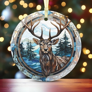 Christmas Ornament Christmas Reindeer Home Decor Faux Stained Glass Deer Snowy Winter Forest Christmas Gift for Family Friend Host Coworker