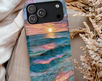 May include: A rectangular smartphone case featuring a printed design of a sunset over the ocean. The artwork displays layered blue waves with gold-coloured outlines, a pink and orange sky, and a bright yellow sun. The case has a black camera cutout.