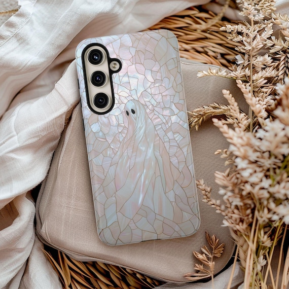 Spooky Ghost Phone Case Faux Stained Glass Halloween Phone Case Cute Ghosty Lovers Gift for Galaxy S 24 23 22 21 Pixel 8 7 6 5 iPhone 15 14