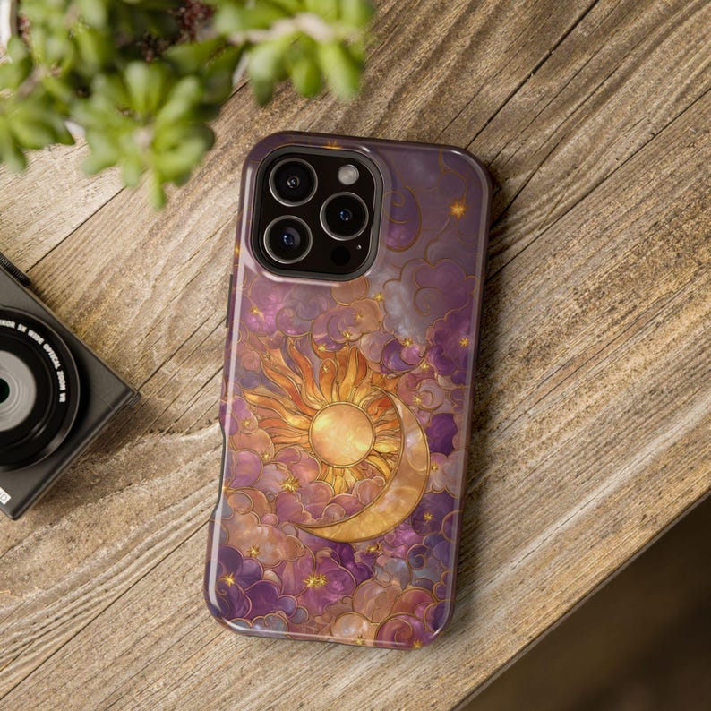 Celestial Phone Case, Sun Moon Stars MagSafe Compatible Phone Cover, Purple Moon Stars Faux Stained Glass Case for iPhone 17 16 15 14 13 image 15