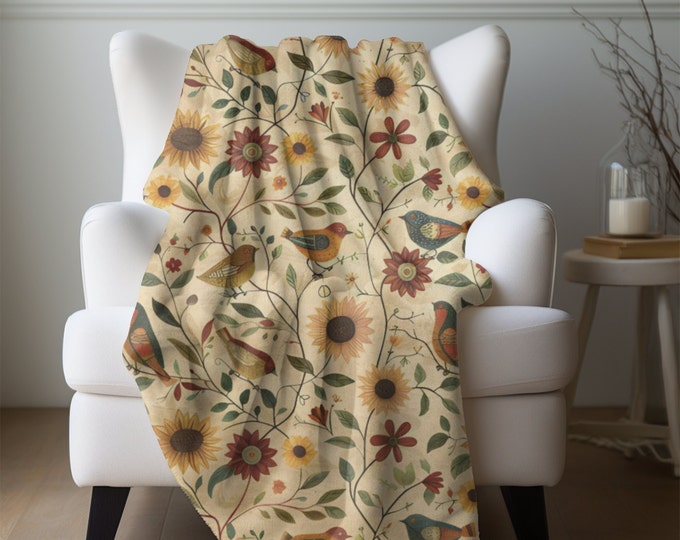 Floral Birds Blanket Floral Home Decor Whimsical Birds Fleece Blanket Cottagecore Throw Bird Flower Lover Gift Birdwatchers Cozy Lap Blanket