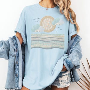 Coastal Patchwork T Shirt Beach Cottagecore Shirt Vintage Ocean Tee Soft Summer Aesthetic Shirt Printed Quilt Style Comfort Colors