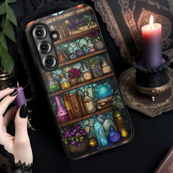 Apothecary Faux Staine Glass Phone Case Bookish Witchy Bookshelf Cover Plant Lover Gift for Galaxy S 25 24 23 Pixel 9 8 7 6 iPhone 16 15 14