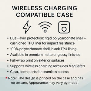 Puede incluir: Imagen de una funda compatible con carga inal&aacute;mbrica. El texto dice: "WIRELESS CHARGING COMPATIBLE CASE". Las caracter&iacute;sticas incluyen protecci&oacute;n de doble capa, impresi&oacute;n envolvente y soporte para carga inal&aacute;mbrica. El dise&ntilde;o est&aacute; impreso en la funda y no tiene textura.