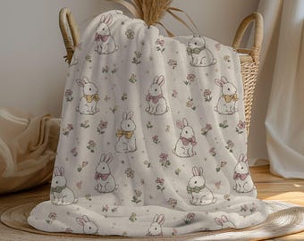 Floral Bunny Blanket, Spring Easter Bunny Fleece Throw, Wildflower Rabbit Baby Blanket, Cottagecore Bow Bunny Nursery Blanket Gift
