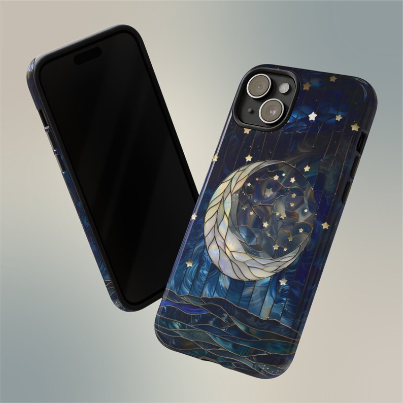 Funda para teléfono con luna y estrellas, cielo nocturno estrellado celestial sobre vidriera falsa, Galaxy S24 23 22 21 20 10 Google Pixel 5 6 7 8 iPhone imagen 7