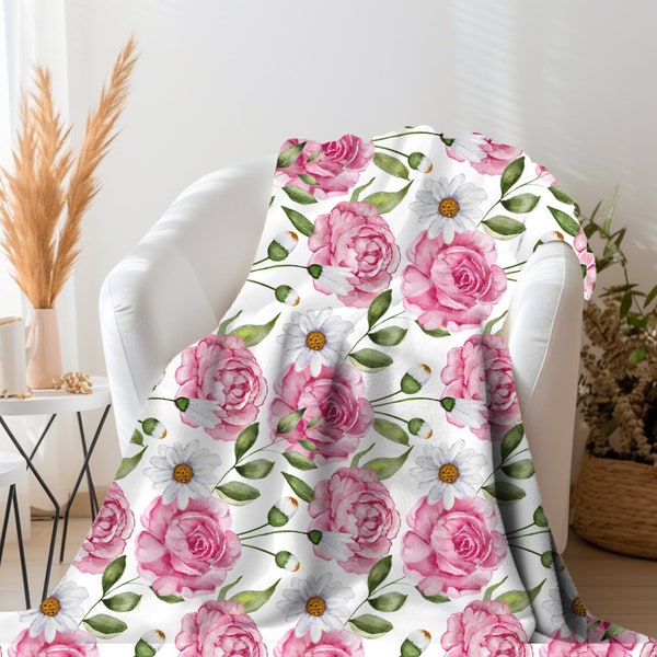 Floral Throw Blanket Pink Rose Blanket, Botanical Throw Blanket Gift for Flower Lovers, Gift for Gardener, Pink Flower Fleece Decor