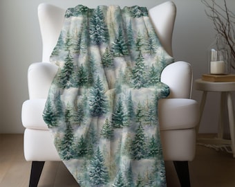 Winter Woodlands Blanket Snowy Christmas Fleece Throw, Cozy Evergreen Forest Blanket, Woodland Cabin Decor, Rustic Winter Gift for Her