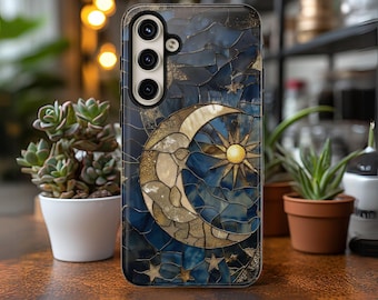 Moon Sun Stars Phone Case Celestial Faux Stained Glass, Cosmic Space Lovers Gift Galaxy S 24 23 22 21 20 iPhone 15 14 13 12 11 Pixel 8 7 6 5