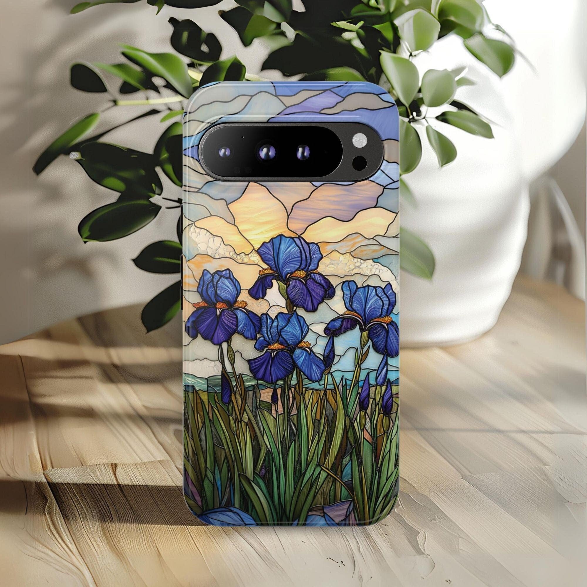 ❤︎ M ❤︎ Floral Spring Faux Stained Glass Phone Case Blue Iris Garden