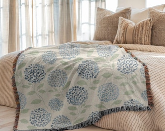 Blue Hydrangea Woven Blanket, Floral Throw Blanket, Coastal Cottagecore Cottage Garden Throw, French Country Blanket, Botanical Home Decor