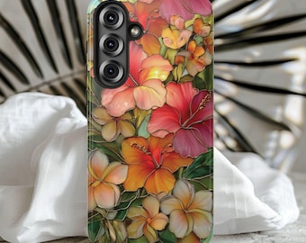 Tropical Hibiscus Phone Case, Plumeria Floral Phone Case, Hawaiian Flower Phone Case, Faux Stained Glass Beach Summer Case