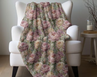Manta de jardín de peonías, manta de forro polar con estampado de prado de flores silvestres, decoración floral estilo cottagecore, regalo bohemio para amantes de la naturaleza.