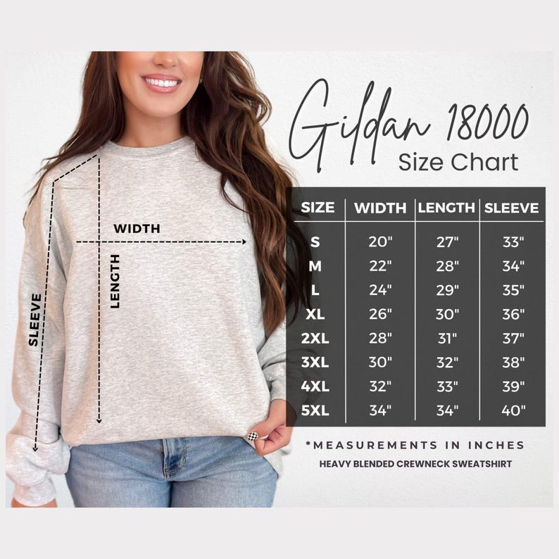 Op de afbeelding: Maattabel voor Gildan 18000 heavy blended crewneck sweatshirt. De tabel toont de afmetingen in inches voor breedte, lengte en mouwlengte voor maten S tot en met 5XL.