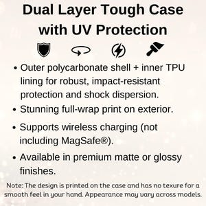 May include: Dual layer tough phone case with UV protection. The case features a polycarbonate shell and TPU lining for impact resistance. It supports wireless charging and has a full-wrap print design. Available in matte or glossy finishes.