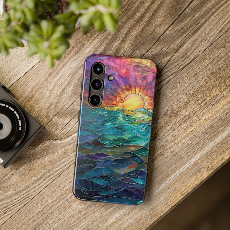 Ocean Sunset Phone Case Faux Stained Glass Beach Phone Case Nautical Sunrise Lovers Gift for iPhone 15 14 13 12 11 8 7 Galaxy S 24 23 22 21 image 9