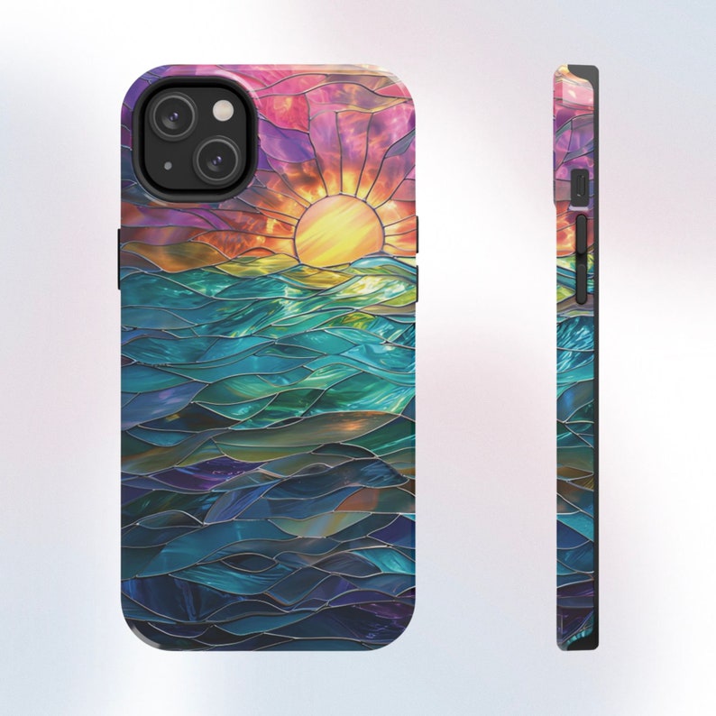 Ocean Sunset Phone Case Faux Stained Glass Beach Phone Case Nautical Sunrise Lovers Gift for iPhone 15 14 13 12 11 8 7 Galaxy S 24 23 22 21 image 4