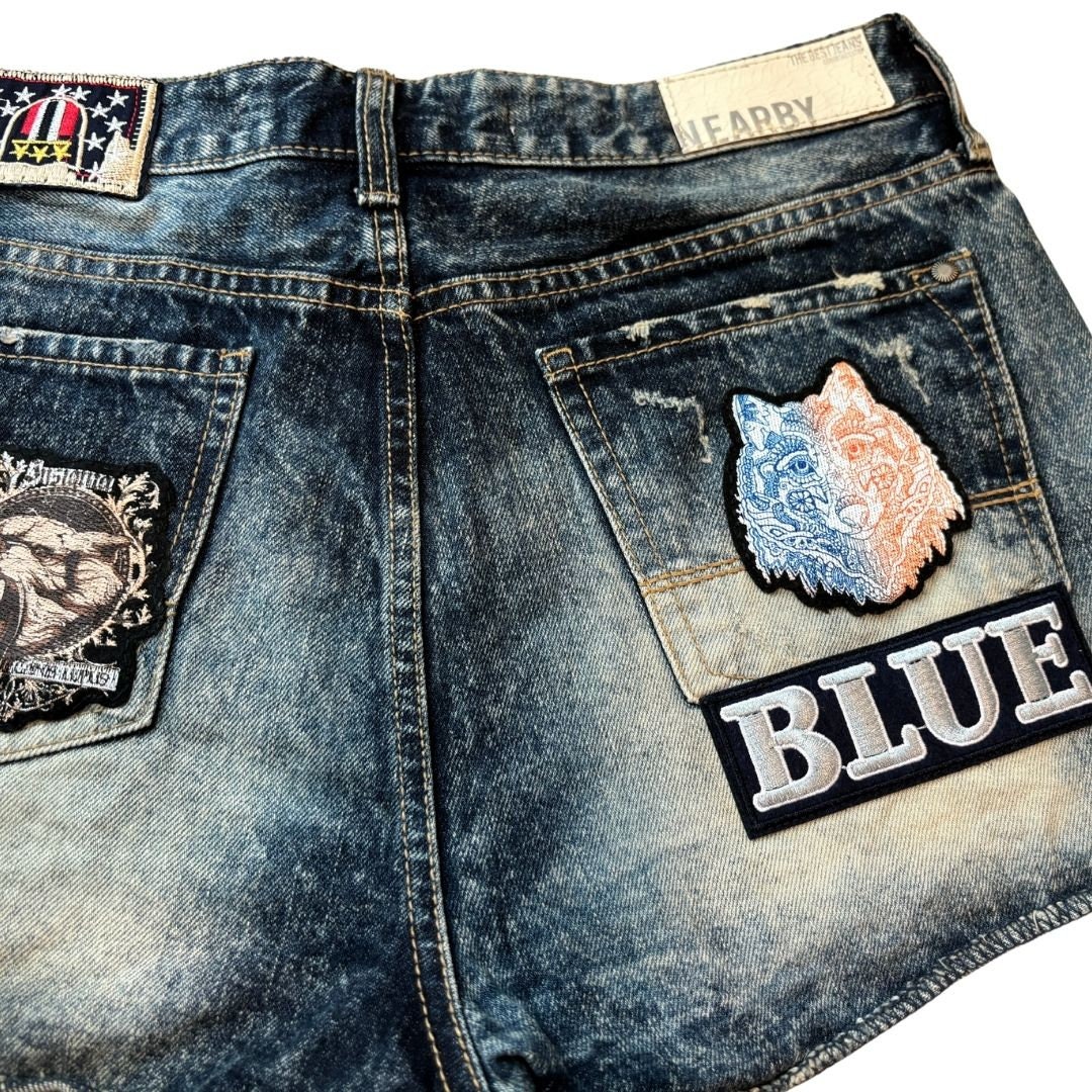 Patchwork Jeans Hippie Style Dark Blue Denim Jeans Shorts