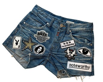 Patchwork Hippie  Distressed Denim Jeans Shorts Rework Waist 29 Vintage Hippie