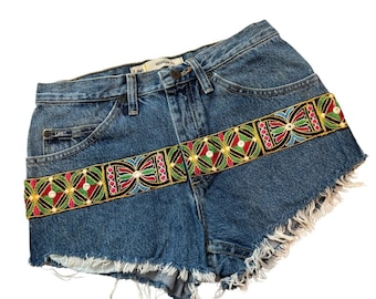 Tribal Decoration Jeans Hippie Style  Blue Denim Jeans Shorts Rework Waist  29 Vintage Hippie Lee