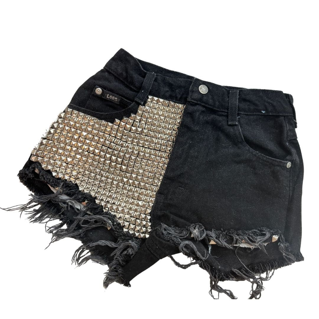 Studded Jeans Hippie Distress Style Black Denim Jeans Shorts
