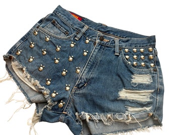 Jeans cloutés Jeans en denim style Distress Ourlet replié Shorts Rework Taille 26 vintage