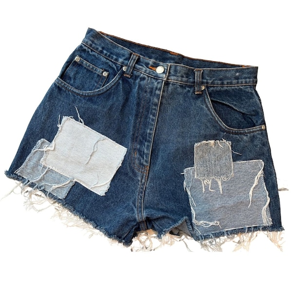 Tessuto Jeans Patchwork Jeans in denim invecchiato Pantaloncini Rilavorazione Vita 28 Hippie vintage