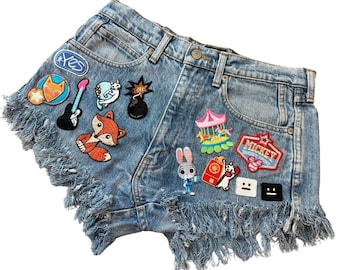 Cute Cartoon destroyed Hippie Style  Blue Denim Jeans Shorts Rework Waist 32 Vintage Hippie