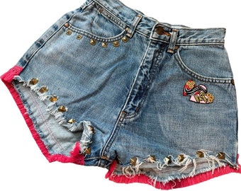 Patchwork Jeans Hippie Studded  Blue Denim Jeans Pink Hem Shorts Rework Waist 24 Vintage Hippie