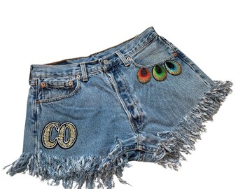 Short en jean confortable avec patchwork paon effet vieilli retravaillé taille 30 vintage