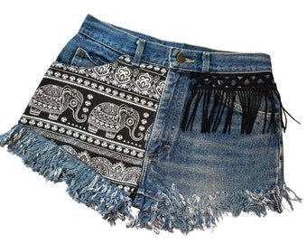 Elefant Thai Dekoration Jeans Hippie Cowboy Stil Blue Denim Jeans Shorts Rework Taille 28 Vintage Hippie