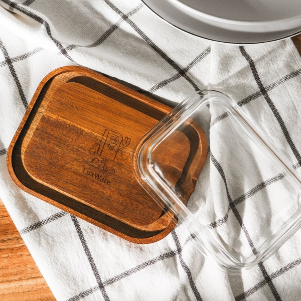 Large Glass Butter Dish with Lid for Countertop, Butter Holder Fits Any Butter, Natural Acacia Wood Airtight Cover, Refrigerator Butter Tray