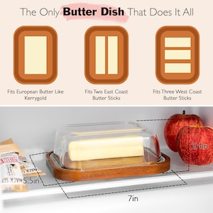 Large Glass Butter Dish with Lid for Countertop, Butter Holder Fits Any Butter, Natural Acacia Wood Airtight Cover, Refrigerator Butter Tray image 3