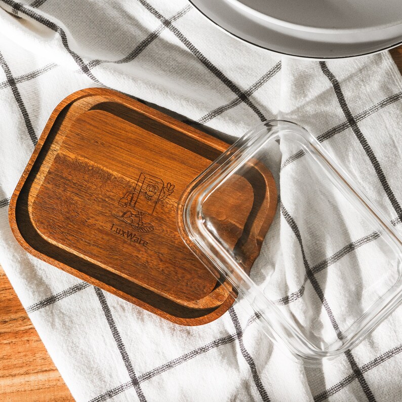 Large Glass Butter Dish with Lid for Countertop, Butter Holder Fits Any Butter, Natural Acacia Wood Airtight Cover, Refrigerator Butter Tray image 1